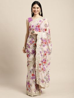 Sangam Prints - Off White Georgette Printed Traditional Saree with Unstitched Blouse