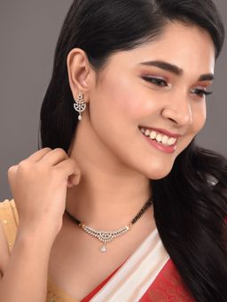 Saraf RS Jewellery - Gold Plated Black &amp; White AD -Studded &amp; Beaded Mangalsutra With Matching Earrings