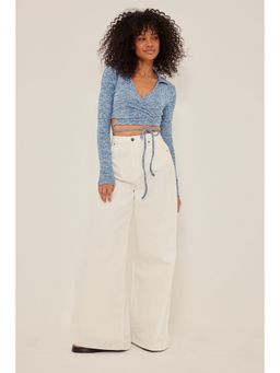 NA-KD - Collar Detail Wrap Crop Top-dark Blue Melange