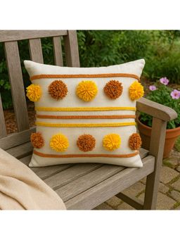 THROW PILLOW - Artisan White Braided & Pom-Pom with Yellow & Copper Cushion Cover (16x16 inches)