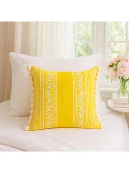 THROW PILLOW - Finch & Bloom Mustard Yellow with Bird Print Tassels Cushion Cover (16x16 inches)
