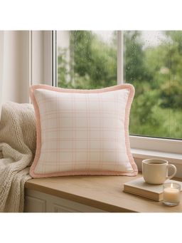 THROW PILLOW - Peach Plaid Perfection Charming Fringe Trimmed Cushion Cover (16x16 inches)