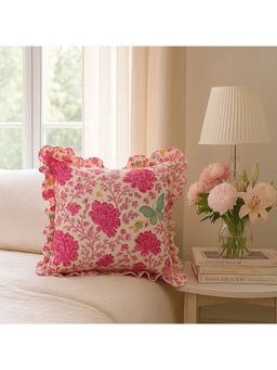 THROW PILLOW - Petal Charm Pink Floral with Frill Edges Cushion Cover (16x16 inches)