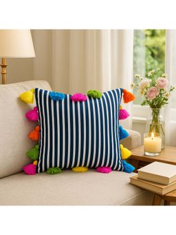 THROW PILLOW - Stripe & Pop Black-White Stripes with Multicolor Tassels Cushion Cover (16x16 inches)