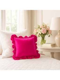 THROW PILLOW - Blushing Ruffles Hot Pink Cotton with Frilled Edges Cushion Cover (16x16 inches)