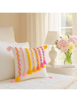 THROW PILLOW - Boho Braids & Tassels White with Multicolor Embellishments Cushion Cover (16x16 inches)