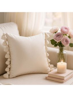 THROW PILLOW - Simply Serene Neutral Solid with Bud Tassels Cushion Cover (16x16 inches)