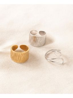 Niska - Anti-Tarnish Adjustable Rings Pack of 3 Textured Gold and Silver Open Bands For Everyday Elegance