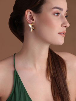 Shaze - Gold Rhodium-Plated American Diamond Plate Stud Earrings For Women