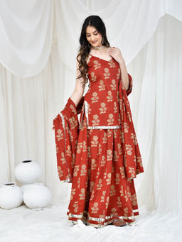 Bannhi - Maroon Cotton Printed Kurti With Skirt And Dupatta (Set of 3)