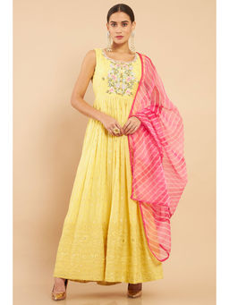Soch - Yellow Georgette Floral Chudidar Set (set Of 3)