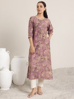 Libas - Mauve Floral Printed Straight Kurta