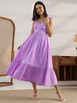 Libas - Lavender Solid Fit and Flared Pleated Dress