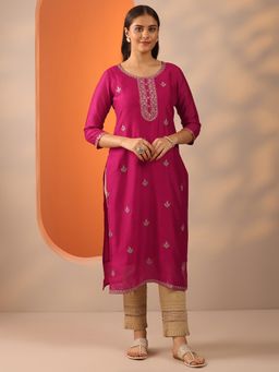 Libas - Pink Embroidered Straight Kurta for Women