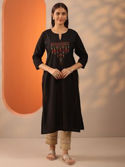 Libas - Black Embroidered Straight Kurta for Women