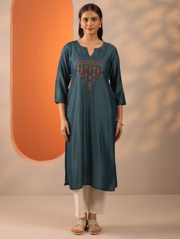 Libas - Grey Embroidered Straight Kurta for Women
