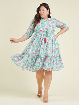 Janasya - Women Plus Size Aqua Georgette Floral Printed Fit and Flare Dress
