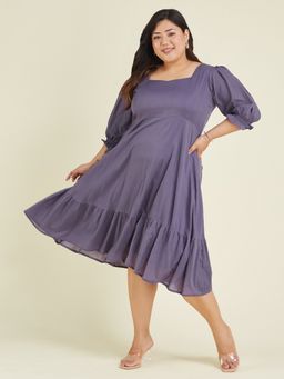 Janasya - Women Plus Size Purple Pure Cotton Solid A-Line Dress