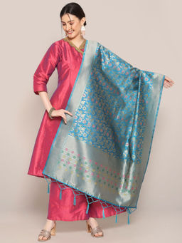 Dupatta Bazaar - Womens Turquoise Blue Banarasi Silk Dupatta with floral Jaal design