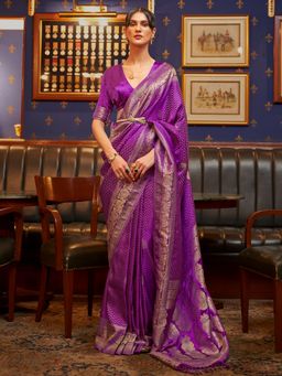 Akhilam - Womens Silk Blend Purple Woven Design Designer Saree with Unstitched Blouse