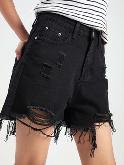 Sera - Black Frayed Hem Distressed Shorts