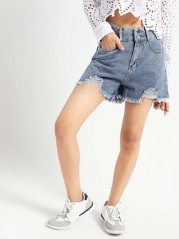 Sera - Blue High Rise Distressed Shorts