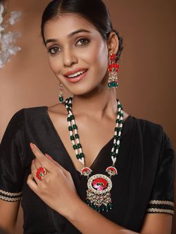 Aatmana - Gold-Plated Green- Pink Stone-Studded and Beaded Jewellery Set