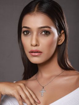 Aatmana - Silver-Plated Holy Cross Shaped Cz-Studded Pendant With Chain