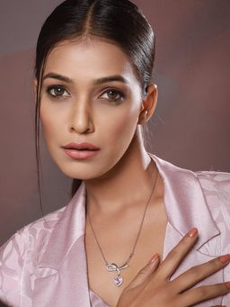 Aatmana - Silver-Plated Bow Shaped Pink Hearts Cz Studded Chain Necklace