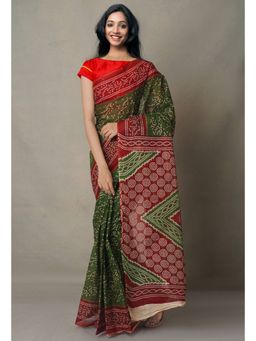 Unnati Silks - Green Pure Bandhani Kota Cotton Saree with Unstitched Blouse