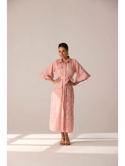 STTAVOSS - Pink Self Design Carmine Dress with Belt (Set of 2)