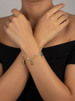 RACHIVA - 18K Gold Plated Pearl And Stone Charm Bracelet For Women