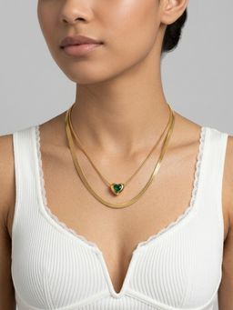 RACHIVA - 18K Gold Plated Double Herringbone Green Heart CZ Slider Necklace
