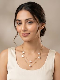 RACHIVA - 18K Gold Plated Double Layer Baroque Pearl And Ball Station Necklace