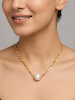 RACHIVA - 18K Gold Plated Double Herringbone Single Pearl Slider Necklace