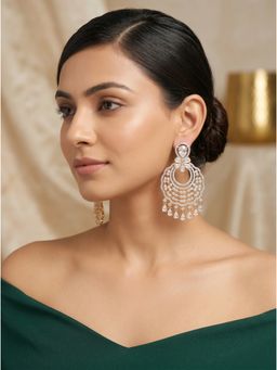 Saraf RS Jewellery - Rose Gold Plated White Ad Zircon Statement Chandbali Dangler Earrings