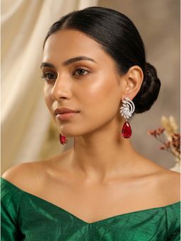 Saraf RS Jewellery - Silver Plated Red Ruby Ad Stone Teardrop Dangler Earrings