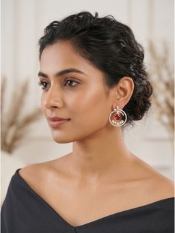 Saraf RS Jewellery - Gold Plated Ruby Red Zircon Ad Circular Minimal Drop Earrings