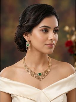 Saraf RS Jewellery - 22K Gold Plated Emerald Green Ad Stone V Shape Necklace With Earrings