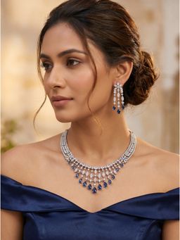 Saraf RS Jewellery - Silver Plated Blue Sapphire Ad Zircon Statement Designer Necklace With Earrings