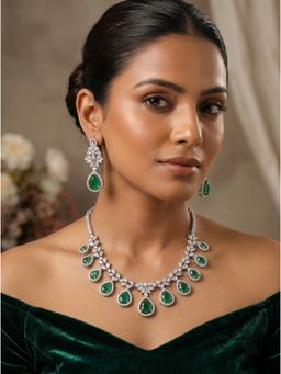 Saraf RS Jewellery - Silver Plated Emerald Green Ad Zircon Drop Bridal Necklace With Earrings
