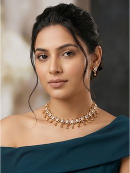 Saraf RS Jewellery - Gold Plated White Ad Stone Polki Style Drop Choker Necklace With Earrings