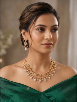 Saraf RS Jewellery - Gold Plated White Ad Stone Double Layered Statement Drops Necklace With Earrings