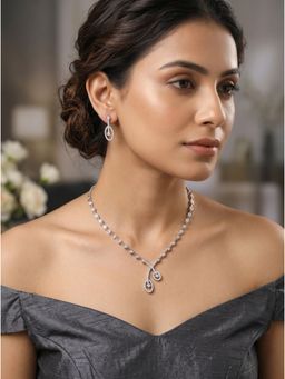 Saraf RS Jewellery - Silver Plated White Ad Zircon Y Drop Minimal Necklace With Earrings