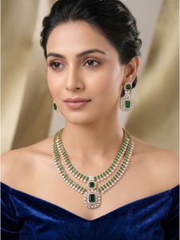 Saraf RS Jewellery - 22K Gold Plated Green Ad Zircon Stone Double Layered Necklace With Earrings