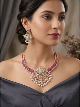 Saraf RS Jewellery - 22K Gold Plated Ruby Pink Stone Peacock Pearl Drop Necklace With Earrings