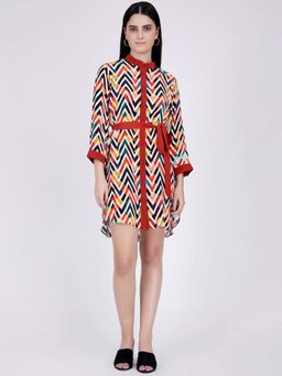 First Resort by Ramola Bachchan - Red And White Chevron Shirt Dress (Set of 2)
