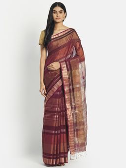 Fabindia - Wine Cotton Silk Maheshwari Woven Saree without Blouse