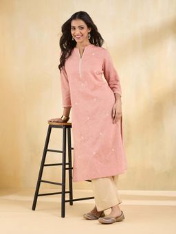 Fabindia - Pink Cotton Embroidered Slim Fit Long Kurta