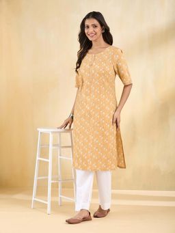 Fabindia - Mustard Cotton Hand Block Printed Kurta